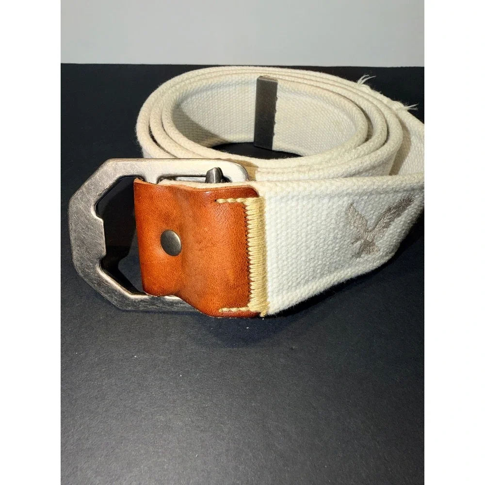 American Eagle Mens Cream Cotton Web Belt Leather Trim Eagle Logo Sz Large